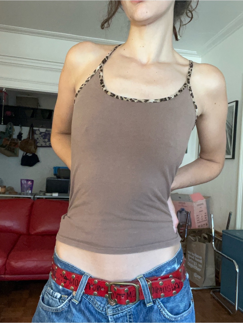Brown Leopard-Trim Cami Tank Top